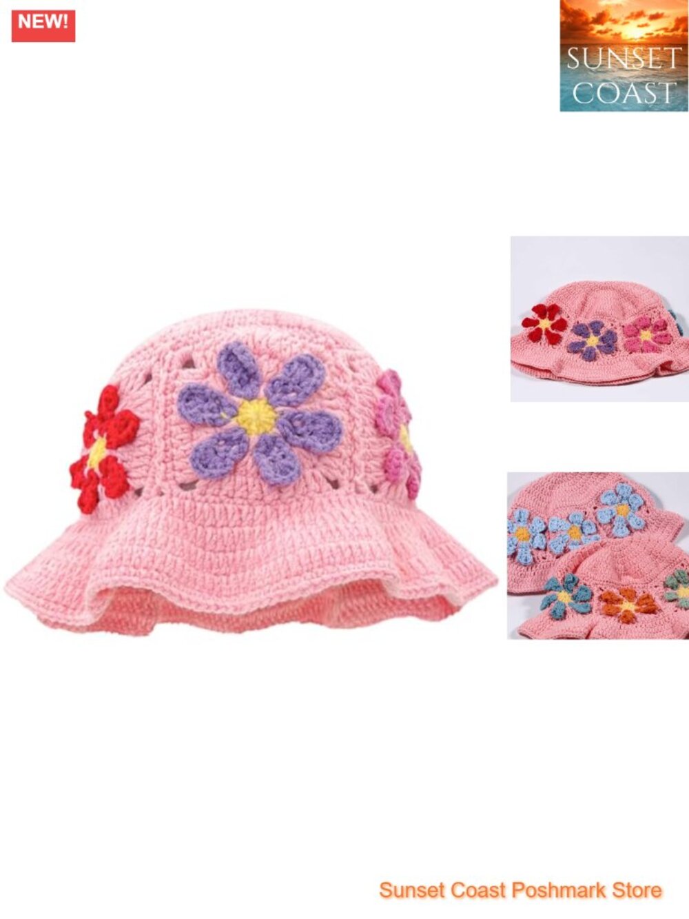 Crochet Bucket Hat Women Flower Knit Hollow Out Foldable Cap